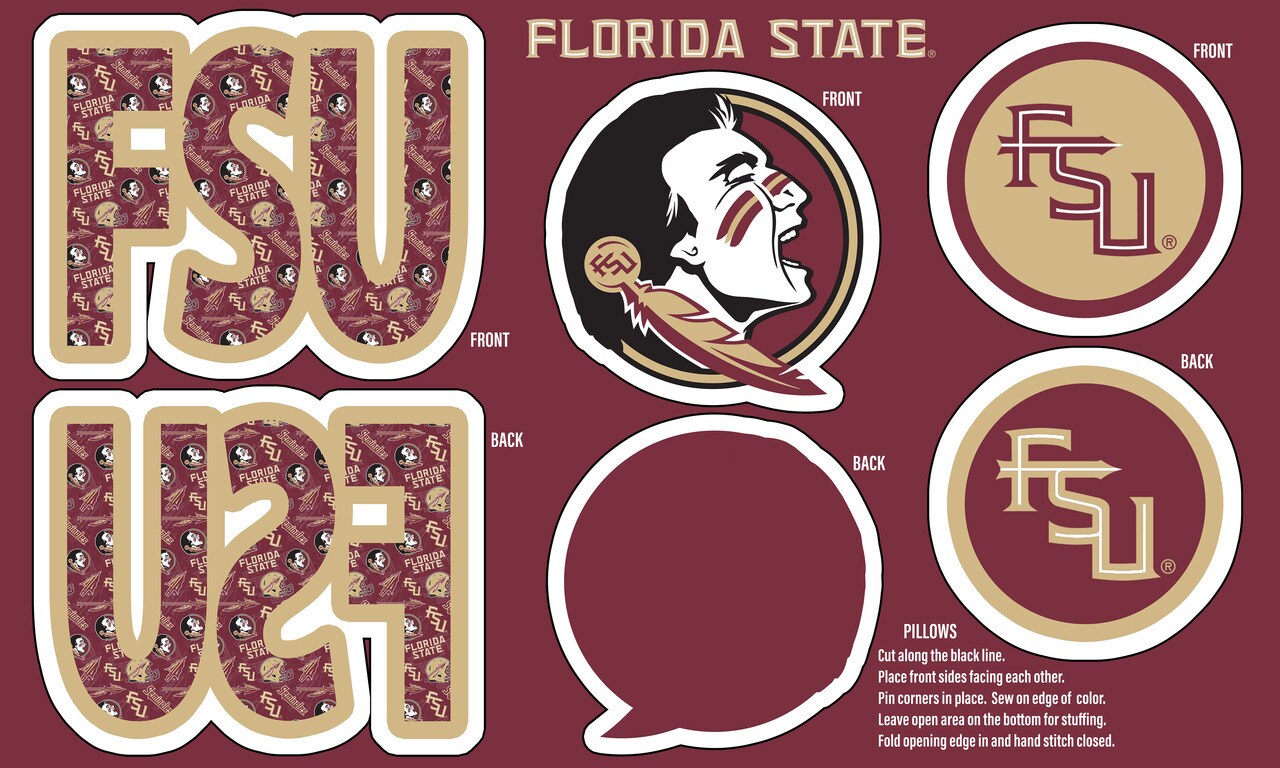 Sykel Enterprises-Florida State University Minky DIY Pillow Project. Cut, Sew, and Stuff-Each Panel yields 3 pillows